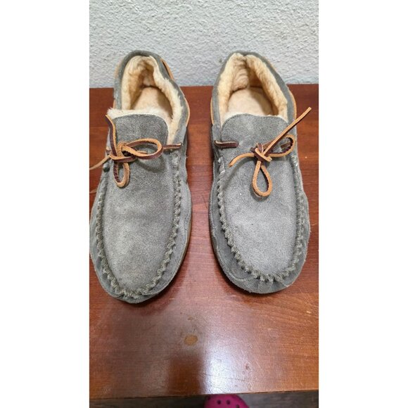 L.L. Bean Men's Suede Moccasin Slippers Faux Shearling Lining Size 13 Gray - Picture 2 of 8